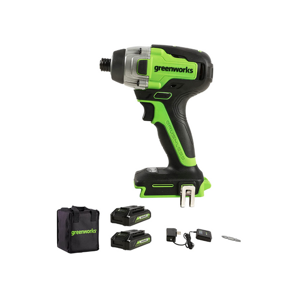 Atornillador de impacto sin escobillas Greenworks de 24 V con 2 baterías