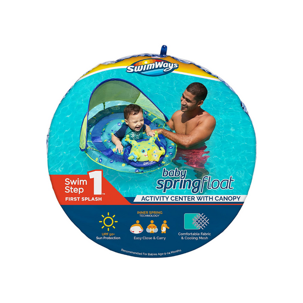 Centro de actividades con flotador inflable para piscina para bebés SwimWays con dosel