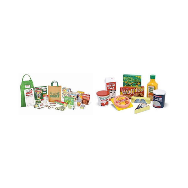 Melissa &amp; Doug Juego de madera para tienda de comestibles Fresh Mart y comida para refrigerador