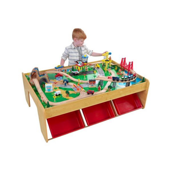 KidKraft Juego de tren y mesa de madera Waterfall Mountain con 120 piezas y contenedores