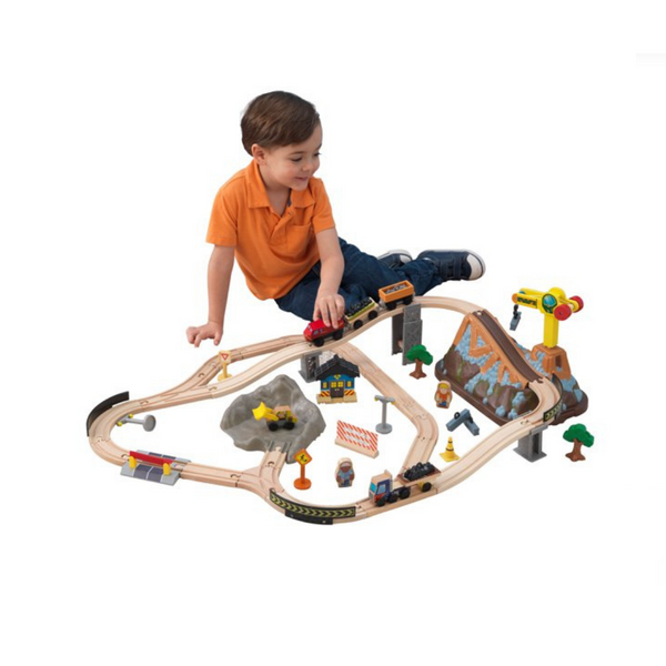 Juego de tren de madera KidKraft con tapa tipo cubo, 61 piezas, topadora y grúa