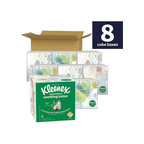 8 cajas de 65 pañuelos faciales en loción calmante Kleenex