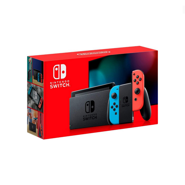 Nintendo Switch con Joy‑Cons en azul neón y rojo neón