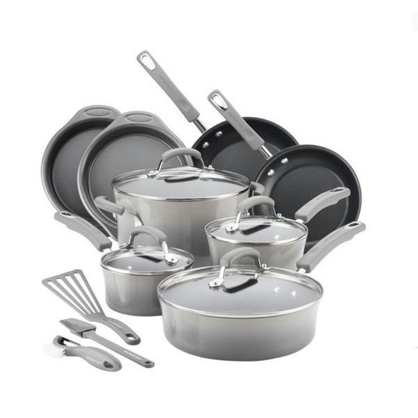 Rachael Ray Juego de utensilios de cocina antiadherentes de aluminio esmaltado duro de 15 piezas (3 colores)