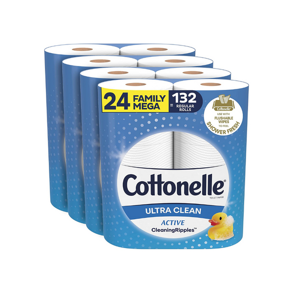 24 mega rollos familiares = 132 rollos regulares de papel higiénico Cottonelle Ultra Clean