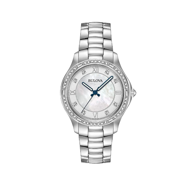 Bulova Ladies' Stainless Steel Watch with Crystals and Mother-of-Pearl Dial