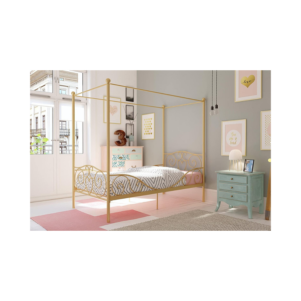 DHP Metal Canopy Kids Platform Bed With Scrollwork Headboard, Footboard