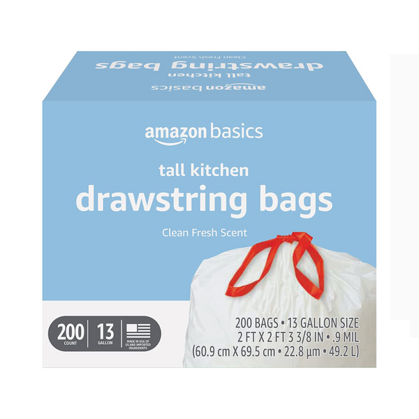 200 Pack Of Amazon Basics Tall 13 Gallon Kitchen Drawstring Trash Bags