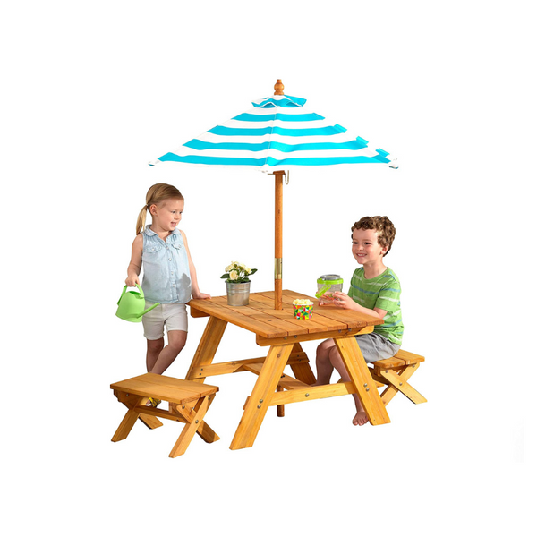 KidKraft Juego de mesa y banco de madera para exterior con sombrilla