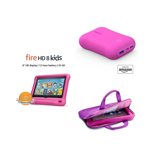 Fire HD 8 Kids tablet, 8" HD 32GB (Pink) + Sleeve + Power Charger