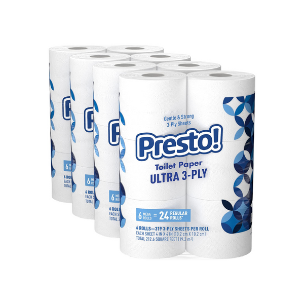 ¡Presto! de 24 unidades y 319 hojas. Papel higiénico Mega Roll Ultra de 3 capas