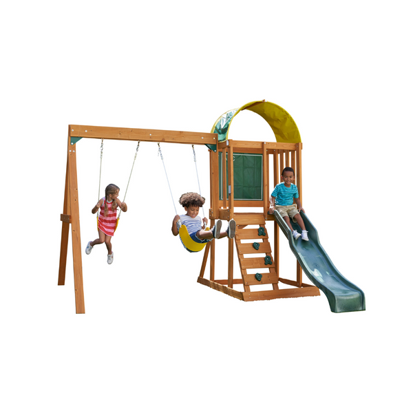 KidKraft Ainsley - Juego de columpios de madera para exterior con tobogán, pared de tiza, dosel y pared de roca