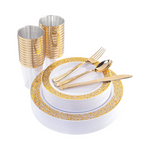 WELLIFE 175 PCS Gold Disposable Silverware, Lace Design Plastic Plates