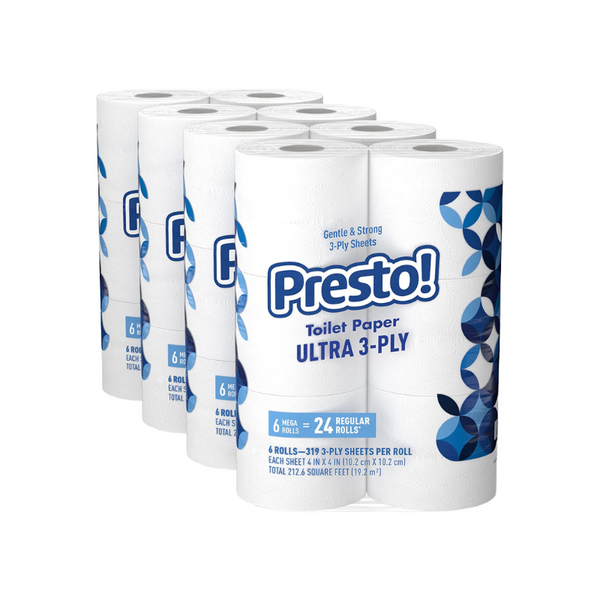 72 Mega = 288 Regular Rolls Of Amazon Brand Presto Ultra 3-Ply Toilet Paper