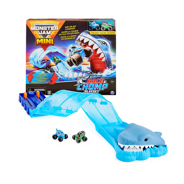 Monster Jam, Mini Megalodon Race and Chomp Playset with 2 Mini Trucks