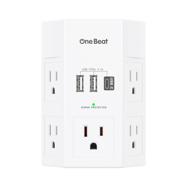 One Beat 5-Outlet + 3 USB (One USB-C) Wall Surge Protector Outlet Extender