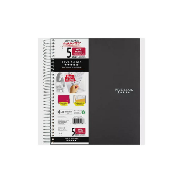 Five Star Spiral Notebook, 5 Subject, Wide Ruled