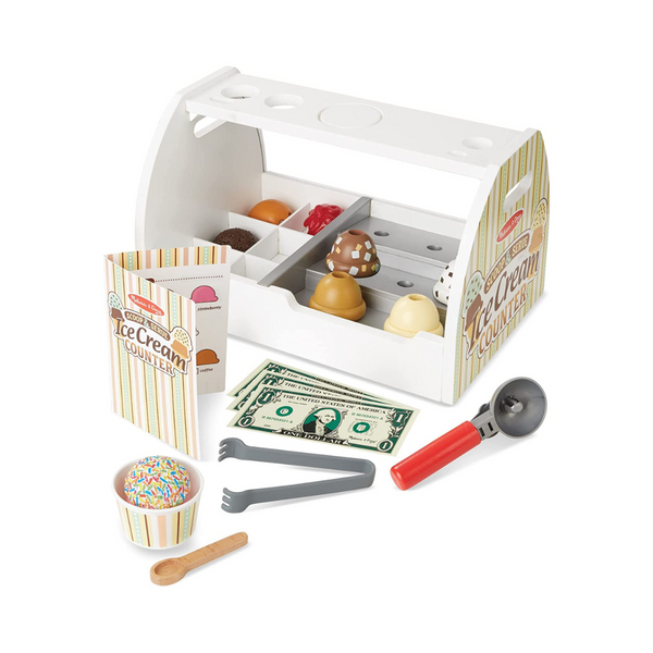 Mostrador de helado con cuchara y servicio de madera Melissa &amp; Doug de 28 piezas