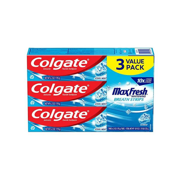 3 Colgate Max Fresh con pasta de dientes blanqueadora con mini tiras para el aliento