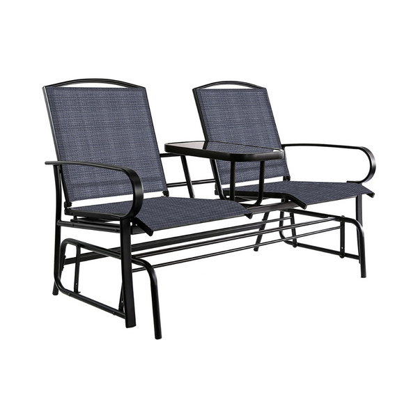 2-Person Outdoor Patio Textilene Glider Chair with Tempered Glass Table