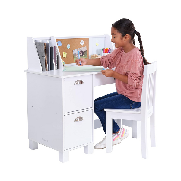 KidKraft Escritorio de estudio infantil de madera con silla, tablón de anuncios y armarios