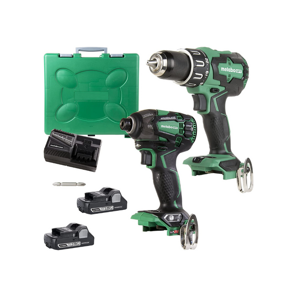 Taladro percutor inalámbrico Metabo HPT de 18 V y atornillador de impacto con 2 baterías de 3,0 Ah y cargador