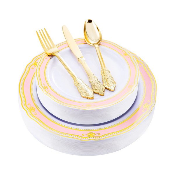 Set Of 150 Pink And Gold Plastic Dinnerware Set