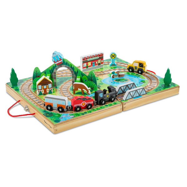 Melissa &amp; Doug Ferrocarril de mesa de madera para llevar, 17 piezas, 3 trenes, camión, piezas de juego, puente