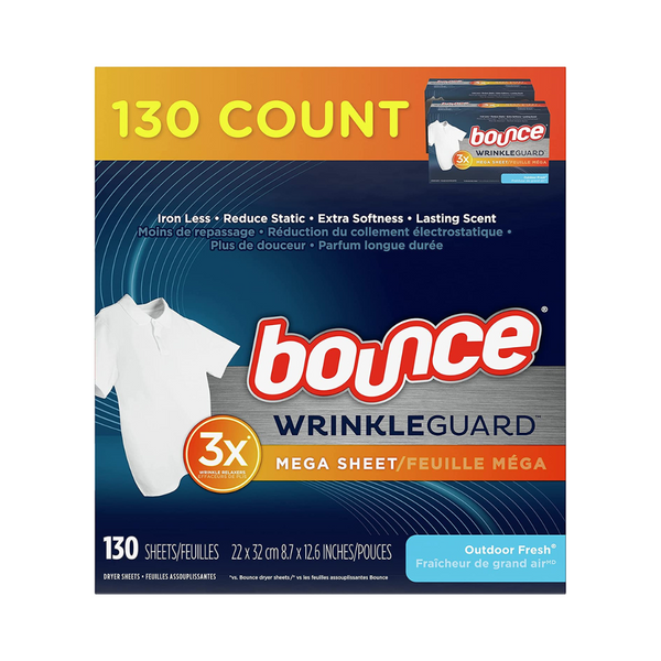 Caja de 130 hojas para secadora Bounce WrinkleGuard o Lint/Pet Hair Guard Mega