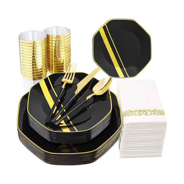 140 Piece Black And Gold Plastic Dinnerware Set With Service