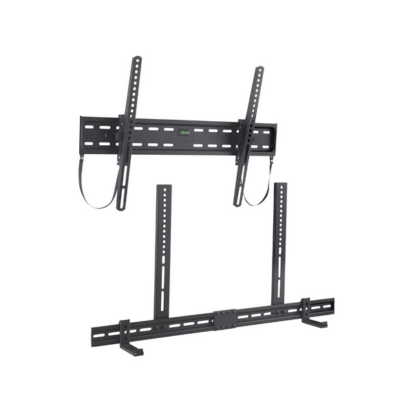 onn. Soporte de pared inclinable para televisores de 50 a 86 pulgadas y paquete de soporte para barra de sonido