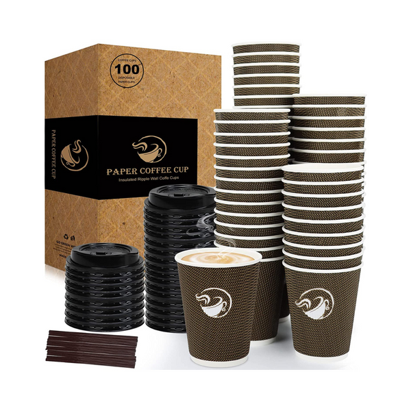 100-Pack Disposable Ripple Wall Paper Coffee Cups With Lids and Straw