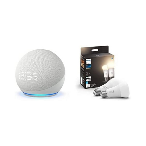 Echo Dot with Clock (5th Gen) + 2-Pack Philips Hue Smart Bulbs