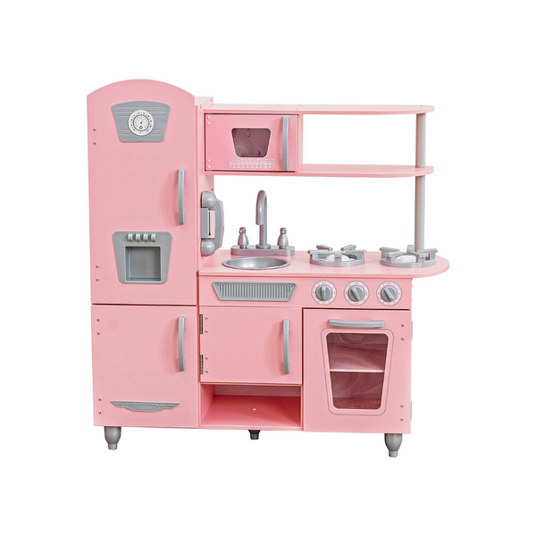 KidKraft Cocina de juguete vintage de madera con máquina de hacer hielo y teléfono de juguete, rosa, regalo para mayores de 3 años