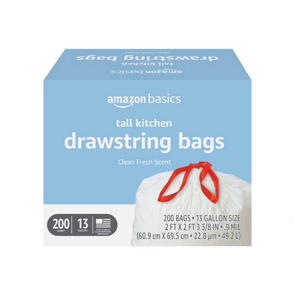 200 bolsas de basura con cordón para cocina de 13 galones de alto Amazon Basics