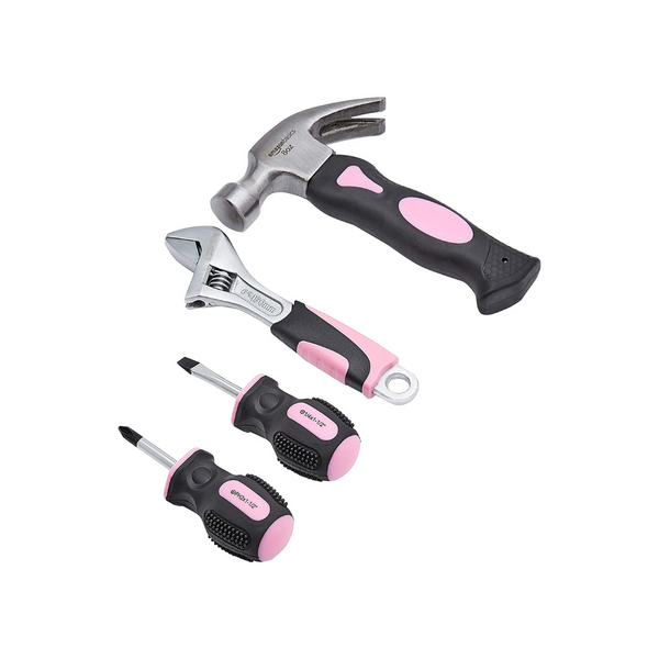 4-Piece Amazon Basics Stubby Tool Set: Hammer, Screwdrivers & Wrench (Pink)