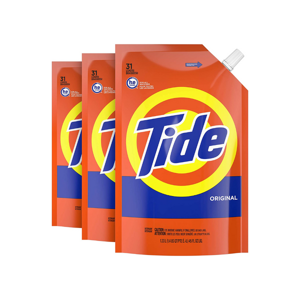 Termina esta noche: 3 bolsas de detergente líquido original Tide 93 cargas en total