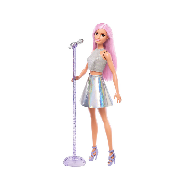 Muñeca Barbie Pop Star vestida con falda iridiscente con micrófono y cabello rosa