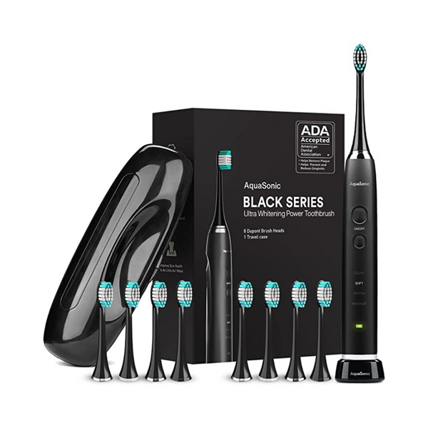 Aquasonic Black Series Ultra Whitening Toothbrush With Travel Case and 8 Heads