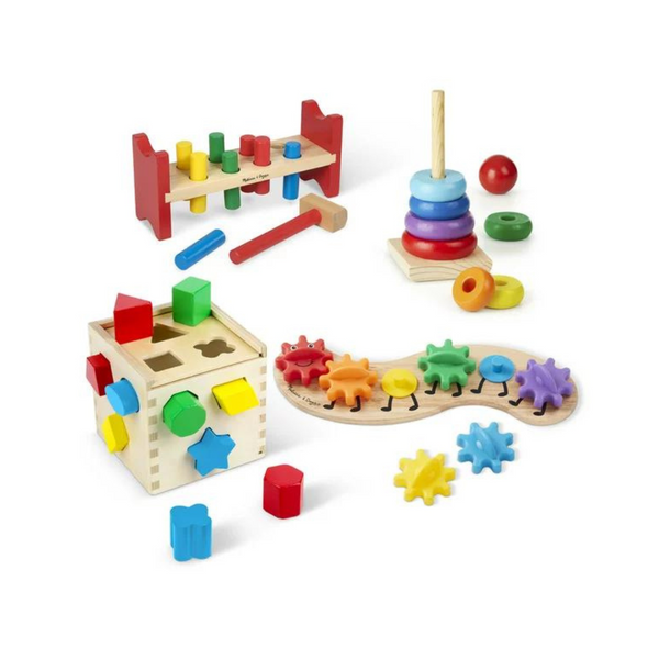 Melissa &amp; Doug Paquete de 4 juguetes de aprendizaje clásicos de madera con forma de arcoíris