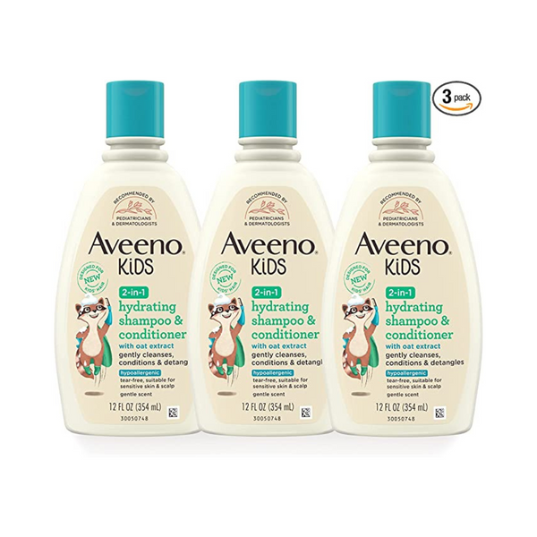 3 botellas de champú y acondicionador hidratante 2 en 1 Aveeno Kids, aroma suave a extracto de avena