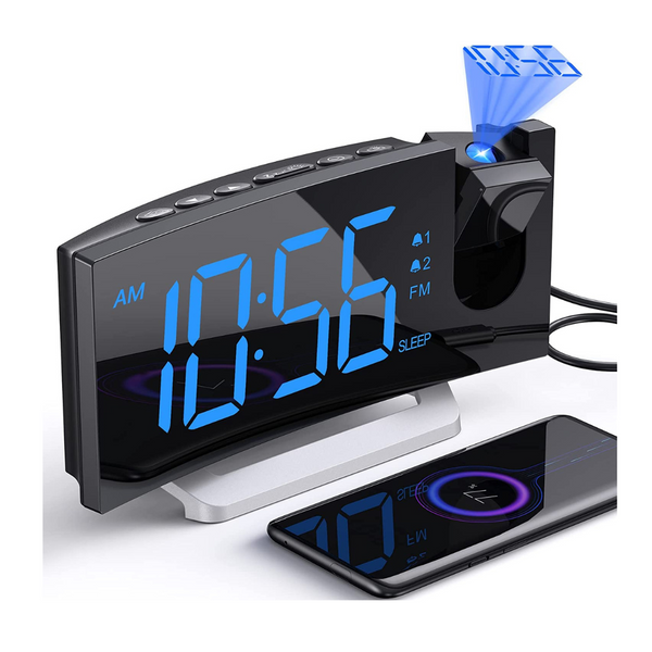 Reloj despertador con proyector y cargador USB.