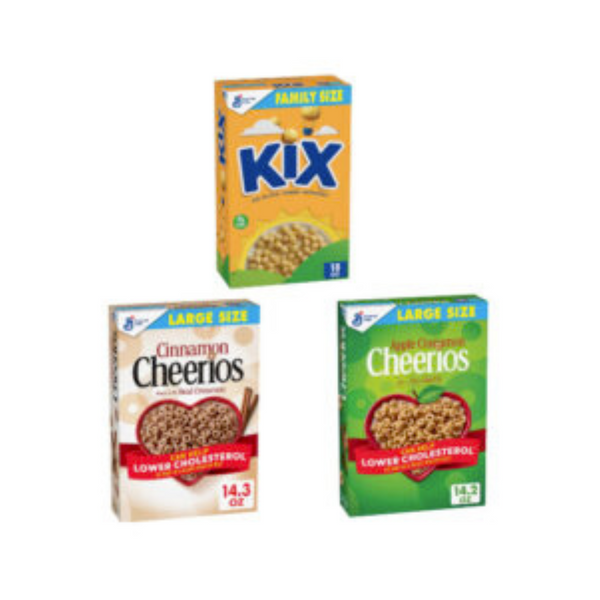 Caja familiar de cereal Kix y caja grande de Cheerios de canela o manzana y canela