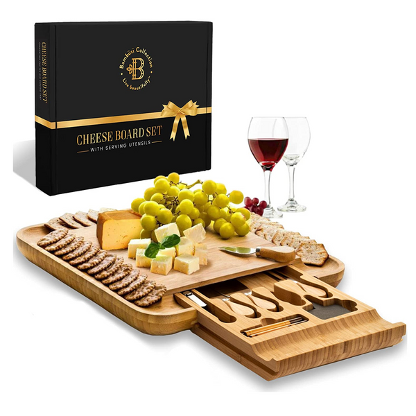 Premium Bamboo Cheese Board With 4 Knives, Wine Opener & Serving Tray