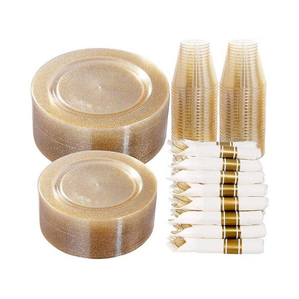 DaYammi 350 Pieces Gold Glitter Plastic Disposable Dinnerware Set