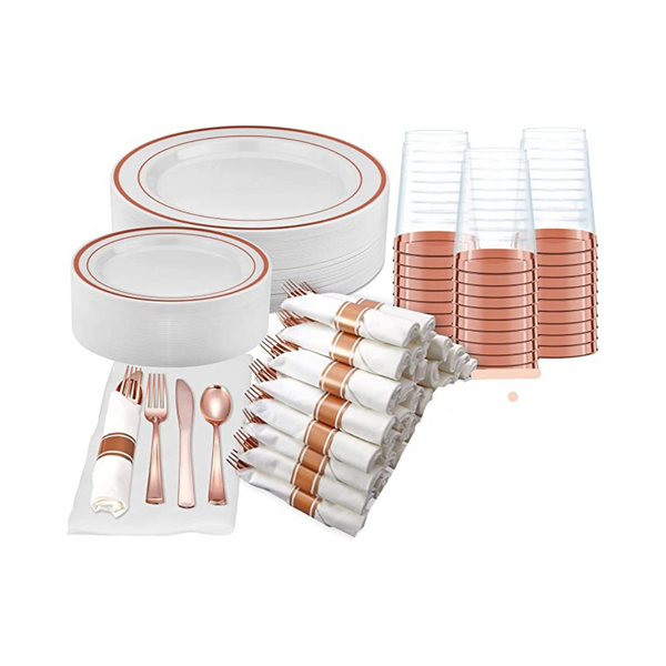 Prestee 350 Pcs Rose Gold Plastic Disposable Dinnerware Set