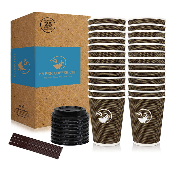 25 Disposable Coffee Cups with Lids and Straws