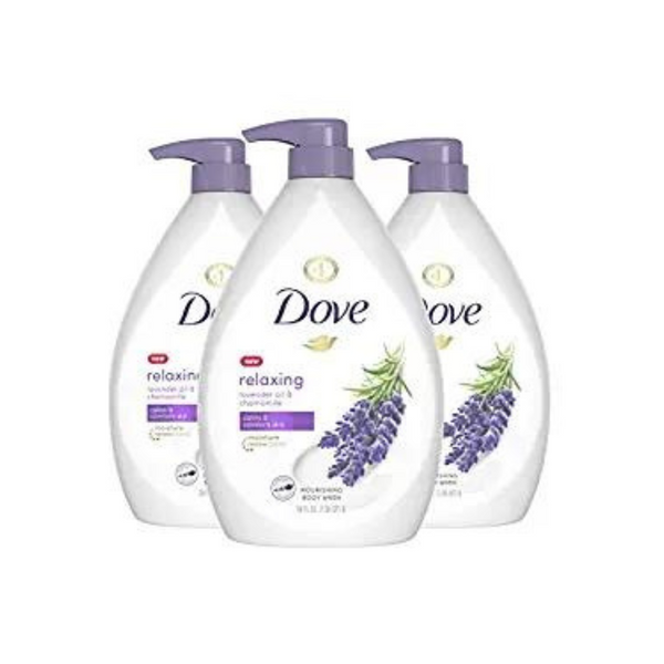 3 botellas de gel de baño relajante Dove, aceite de lavanda y manzanilla