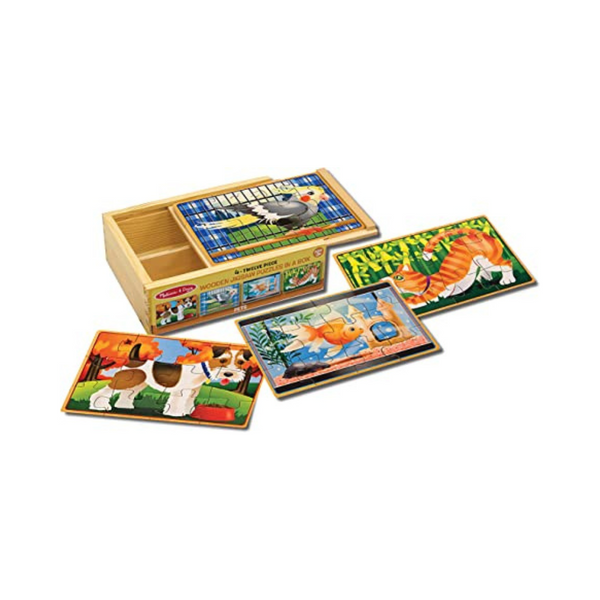 Melissa &amp; Doug Pets Rompecabezas de madera 4 en 1 en una caja de almacenamiento