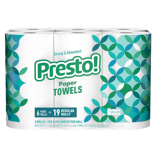 6 Huge Rolls = 19 Regular Rolls Of Presto! Flex-a-Size Paper Towels